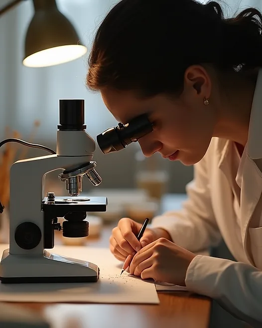 Artist working with microscope